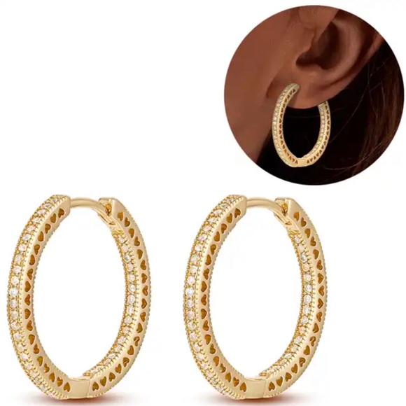 ◾️925 Sterling Silver Gold Plated Sparkles & Pave Hearts
Hoop Earrings - Picture 3 of 10